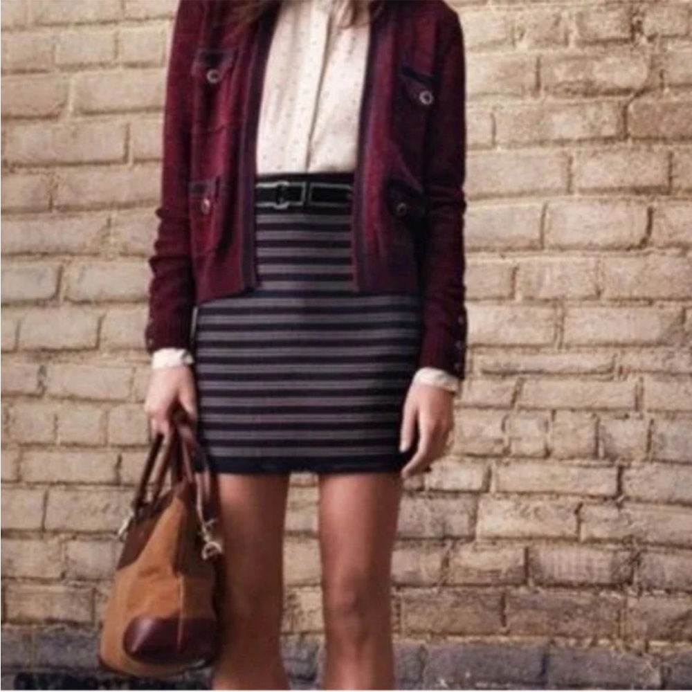 Club Monaco Wool Navy Blue Striped “Stephanie” Fringe Mini Skirt [Size 2]
